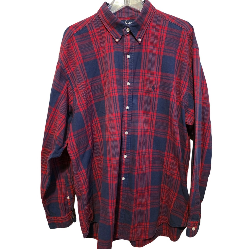 Ralph Lauren Blake Mens XL Plaid‎ Button Shirt Red Navy Blue 100% Cotton Relaxed